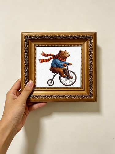 Bear riding penny farthing oil - bear,